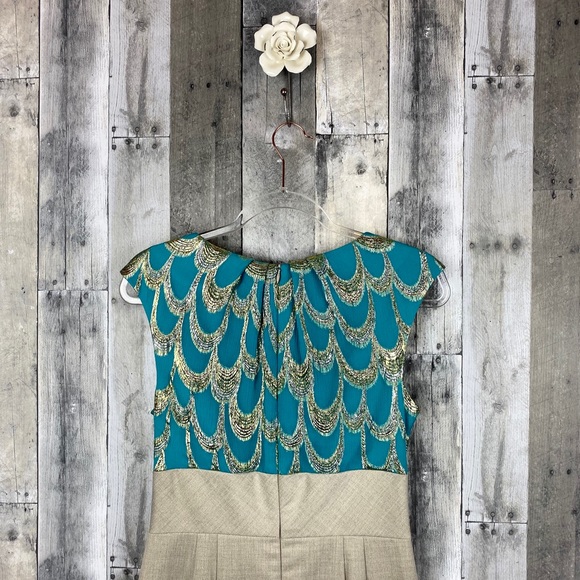 Trina Turk Peacock Metallic Sheath Dress Size 6 - Picture 3 of 8